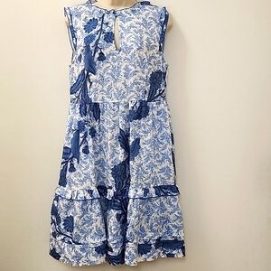 Purotatto Floral Blue and White Sleeveless Dress 100% Lino-flax Sz Meduim
